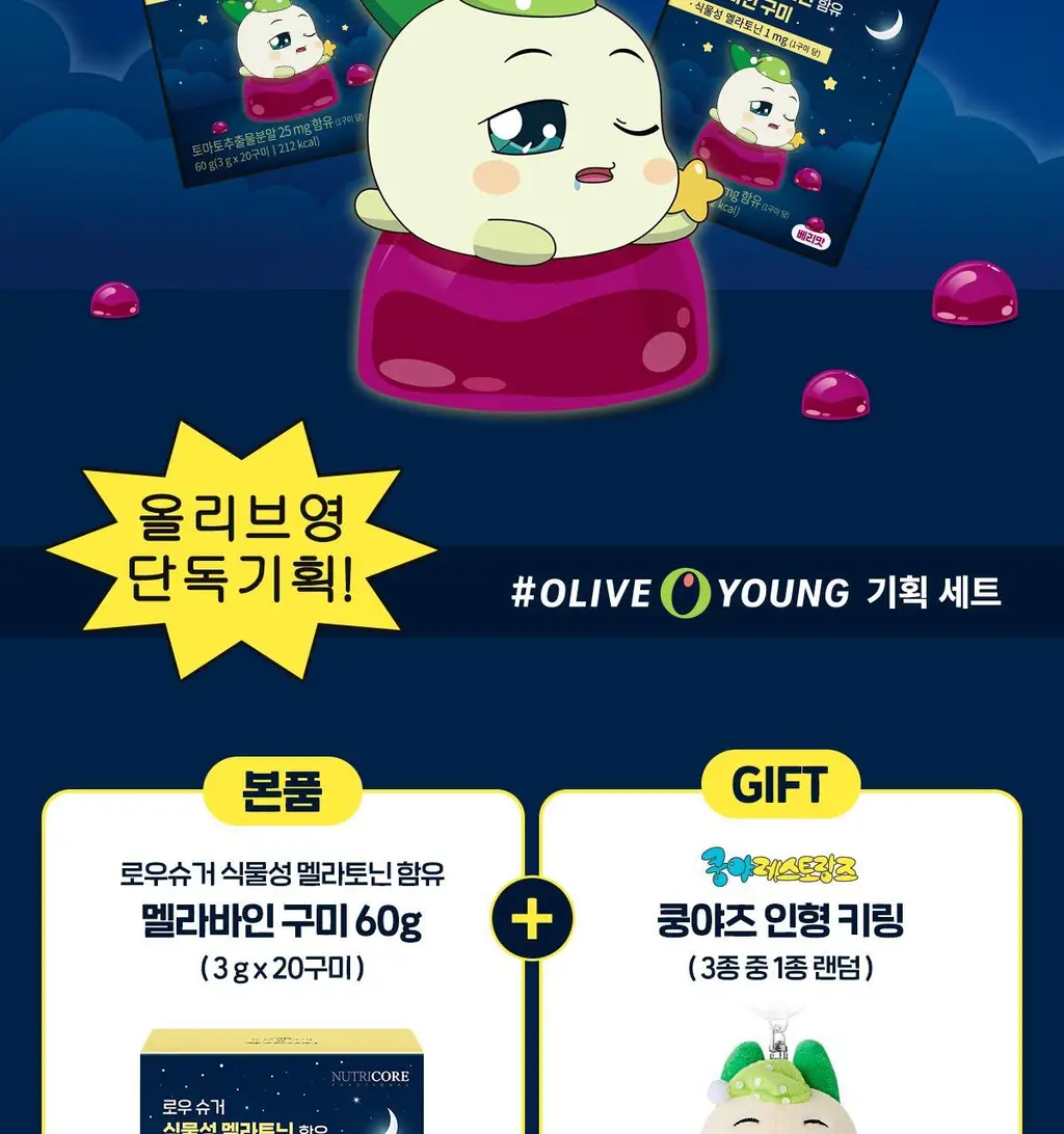 [쿵야키링증정] 뉴트리코어X쿵야 로우 슈거 식물성 멜라토닌 함유 멜라바인 구미 (20/30구미) 상세페이지 7